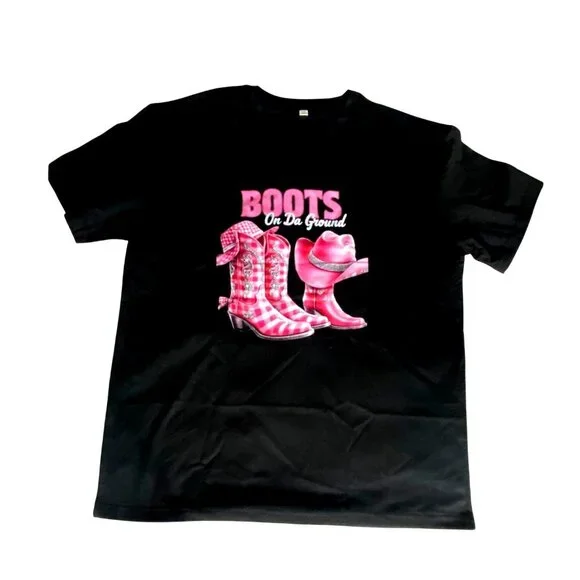 Black T-Shirt With Pink "Boots On Da Ground" Graphic Design Size XL - Picture 7 of 7